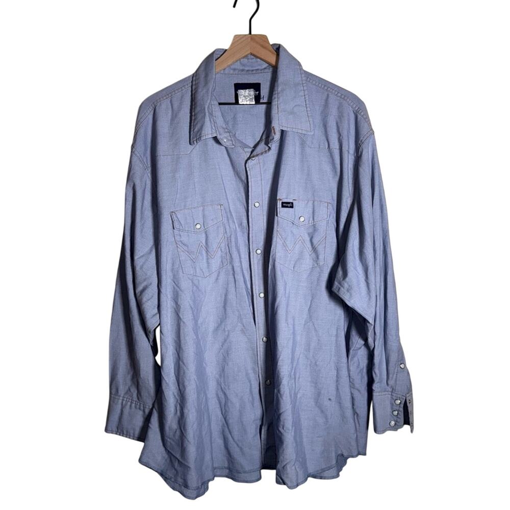 VINTAGE WRANGLER Light Blue Casual Shirt lightweight western pearl snap 2X